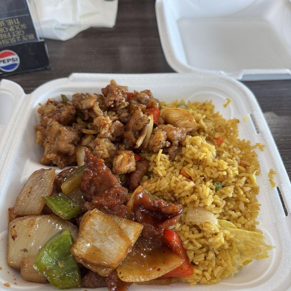 Beijing beef, pepper chicken, and fried rice