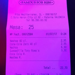 Tony Roma's - Y aquí la factura... 22,70€ tirados a la basura.