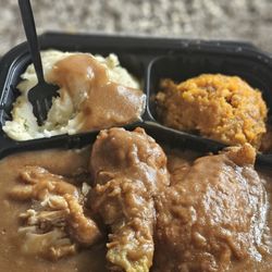 Sweet Potato Pie - Three piece chicken dark plate; mashed potatoes in gravy with the sweet potatoes casserole