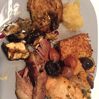 Relish Catering - Assortment from the catering.  Potato latke, potato kugel, brisket, chicken, eggplant - Caterers Near Me - North Bethesda, Maryland