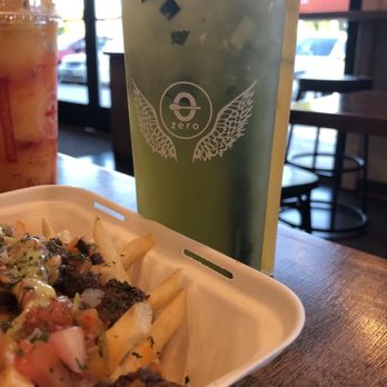 Zero Degrees - Cucumber limeade & green tea mango double, and mangonada in the back with the carne asada fries - Bubble Tea Near Me - Eugene, Oregon