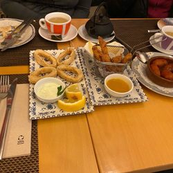 Tapas: sausage, calamari, shrimp tempura