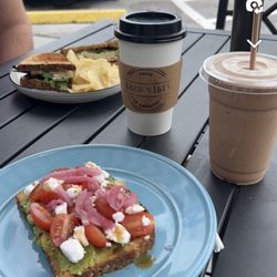 Good Vibes Juice & Smoothie - Tuna Sandwich and Loaded Avocado Toast French press coffee and a protein shake