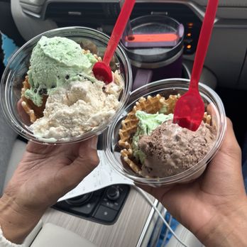 Bruster's Real Ice Cream - 1. Mint & chip with banana 2. Rocky road with mint & chip - Desserts Near Me - Eastvale, California Bruster's Real Ice Cream - 1. Mint & chip with banana 2. Rocky road with mint & chip - Desserts Near Me - Eastvale, California