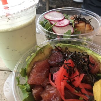 Kenji Burger - Poke bowl w avo on salad. Matcha milkshake. Black cod rice bowl - Burgers Near Me - Kapaa, Hawaii