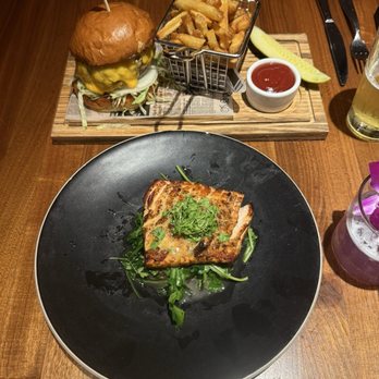 Michael Jordan's Steak House - Chicago - Faroe Island salmon and MJ Steak House Cheeseburger - Steakhouses Near Me - Chicago, Illinois Michael Jordan's Steak House - Chicago - Faroe Island salmon and MJ Steak House Cheeseburger - Steakhouses Near Me - Chicago, Illinois