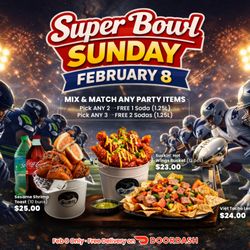 Super Bowl Party Combos - Feb 8 only! Mix & match wings, buns & taro salad. Free 1.25L soda + free DoorDash delivery on game day.