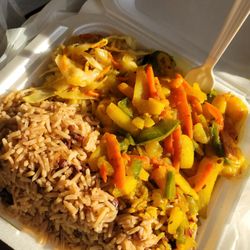Knights Restaurant and Lounge - Shrimp Curry, Entree, Rice and Peas, Cabbage,Plaintains