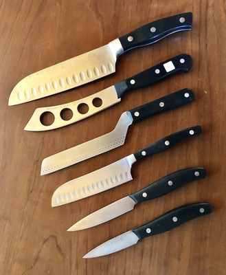 Kitchen Knife Set - This is a patrons set of knives that were picked up at one of my drop-off locations in Sonoma County. They were all re-beveled at about 17 degrees and a few had tip damage that required repair. I picked up on Friday and the knives were returned on Sunday. Kitchen Knife Set - This is a patrons set of knives that were picked up at one of my drop-off locations in Sonoma County. They were all re-beveled at about 17 degrees and a few had tip damage that required repair. I picked up on Friday and the knives were returned on Sunday.