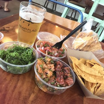 Bear Flag Fish - Seaweed salad, salsa and chips, 1/2 ahi & salmon poke w/a bait bucket. - Seafood Near Me - Newport Beach, California
