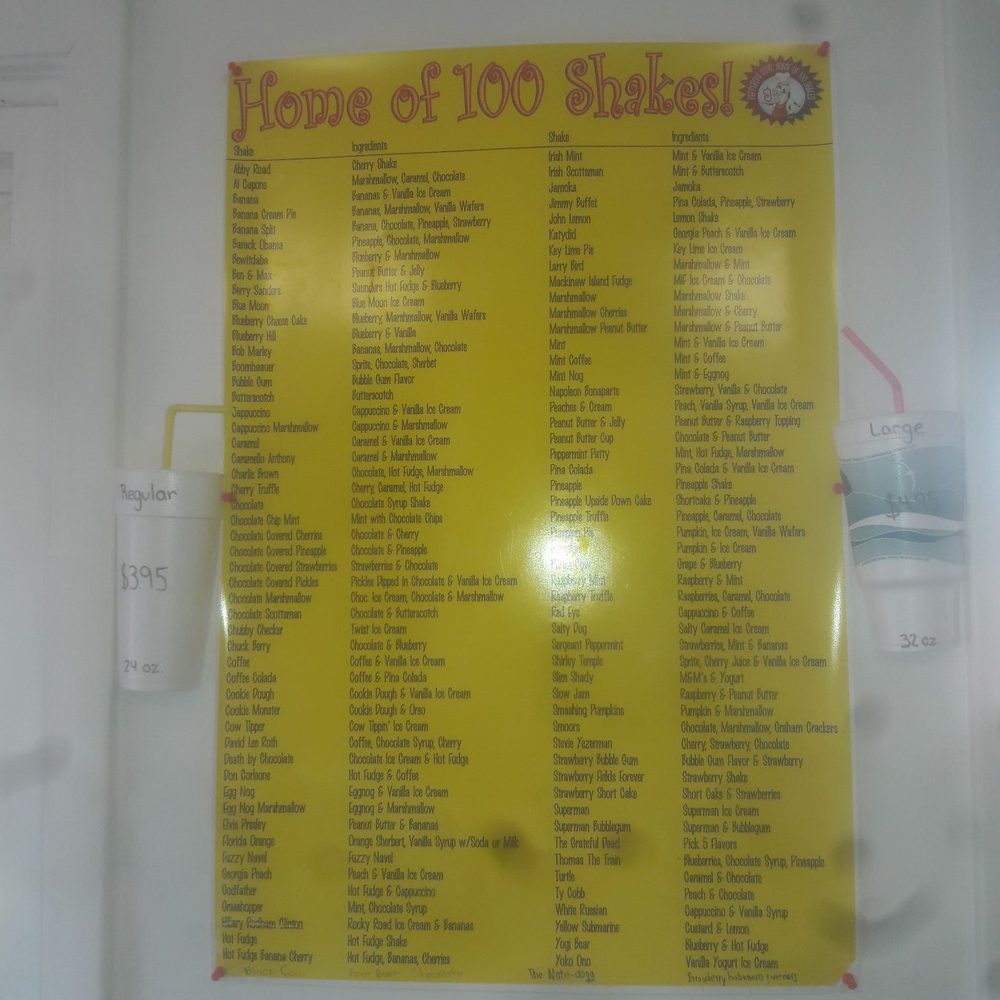 Menu with over 100 milkshake combos Menu with over 100 milkshake combos