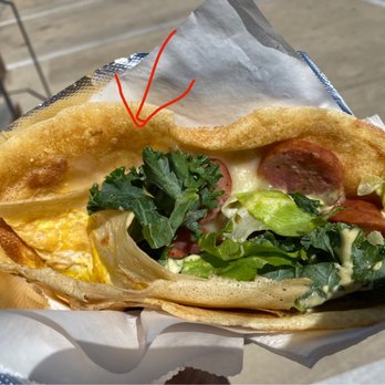 Melange Creperie - Hair melted into the Andouille Sausage Crepe - Creperies Near Me - Houston, Texas Melange Creperie - Hair melted into the Andouille Sausage Crepe - Creperies Near Me - Houston, Texas
