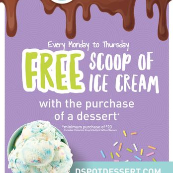 D Spot Desserts - a flyer for a free scoop of ice cream with the purchase of a dessert - Desserts Near Me - Toronto, Ontario D Spot Desserts - a flyer for a free scoop of ice cream with the purchase of a dessert - Desserts Near Me - Toronto, Ontario
