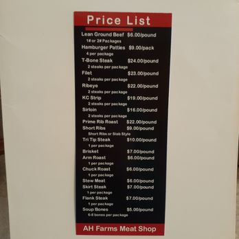 AH Farms - price list on refrigerator - Meat Shops Near Me - Drexel, Missouri