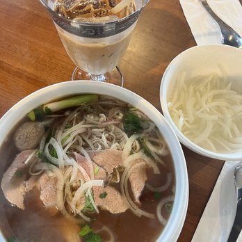 Golden Gate Pho - Pho Tai and Bo Vien w/ onion vinegar on the side. With my CFSD - Vietnamese Near Me - Oakley, California