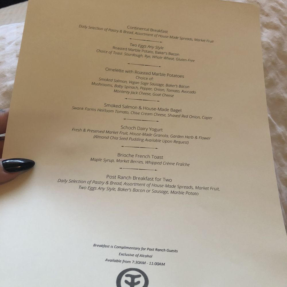 Post Ranch Inn - Complimentary breakfast menu - Hotels Near Me - Big Sur, California Post Ranch Inn - Complimentary breakfast menu - Hotels Near Me - Big Sur, California