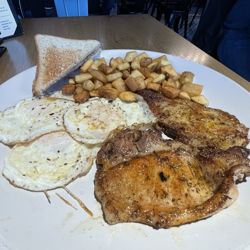 Scrambl'd - 2/8/25 grilled pork chops and eggs - Breakfast & Brunch Near Me - Oklahoma City, Oklahoma