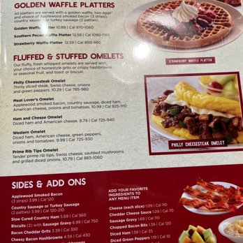 Huddle House - Page 3 - Menu with golden waffle platters, stuffed omelets, sides like bacon and sausage, and various add-ons including cheese, sauces, and vegetables. - Diners Near Me - Georgetown, Texas