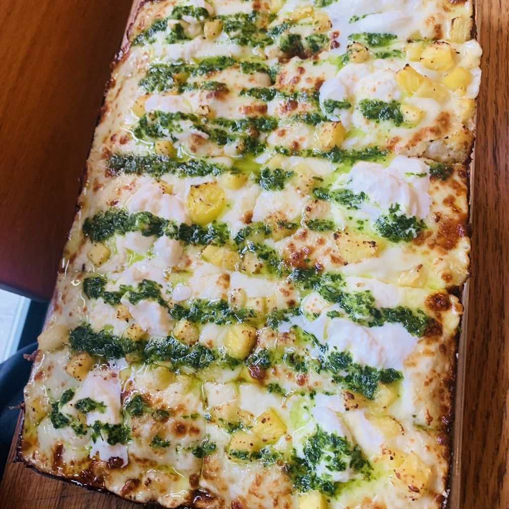 Emmy Squared Pizza - Navy Yard - Build Make it Your Own Detroit Style: Ricotta, Burrata, Pineapples, with Pesto sauce - Pizza Near Me - Washington, DC, District of Columbia