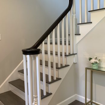 Gb Hardwood Floor - Sanded and stained all the stairs, replaced the old balusters with modern square ones, painted everything white, and stained the top dark 3 - Flooring Near Me - Norwood, Massachusetts Gb Hardwood Floor - Sanded and stained all the stairs, replaced the old balusters with modern square ones, painted everything white, and stained the top dark 3 - Flooring Near Me - Norwood, Massachusetts