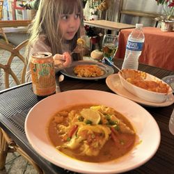 Grouper curry in the front, mac and cheese in the back.