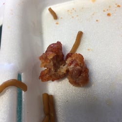 China 1 - I'm not sure what meat the stringy pink stuff is, but the sesame beef I ordered is 98% breading with some indiscriminate meat product.