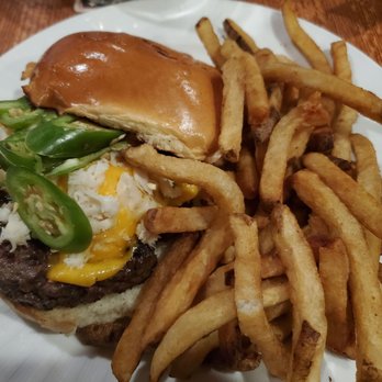 Dogfish Head Alehouse - Crab burger with fries - Bars Near Me - Gaithersburg, Maryland