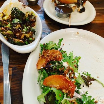 Backcountry Burger Bar - peaches salad, brussel sprouts, burger - New American Near Me - Bozeman, Montana