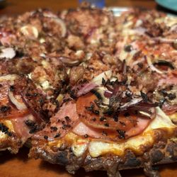 Track Town Pizza - 5000 Meters (mostly meat, except for red onions & mushrooms)