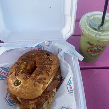 Kulture Kafe - Jalapeno Cheddar Breakfast Bagel & Coconut Lavender Matcha Latte - Bagels Near Me - San Antonio, Texas Kulture Kafe - Jalapeno Cheddar Breakfast Bagel & Coconut Lavender Matcha Latte - Bagels Near Me - San Antonio, Texas