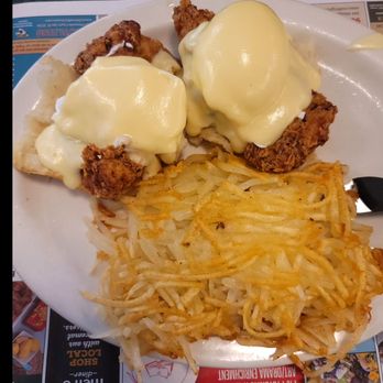 Metro Diner - Fried Chicken Benedict with hash browns. - Breakfast & Brunch Near Me - Orange Park, Florida
