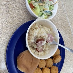 Dianne's Dairy Center - Smoked Sausage and Kraut with side salad and squash.