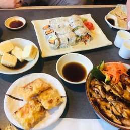 Agedashi tofu, yam tempura, yam/avo roll, veggie roll, chicken teriyaki, sake. Agedashi tofu, yam tempura, yam/avo roll, veggie roll, chicken teriyaki, sake.