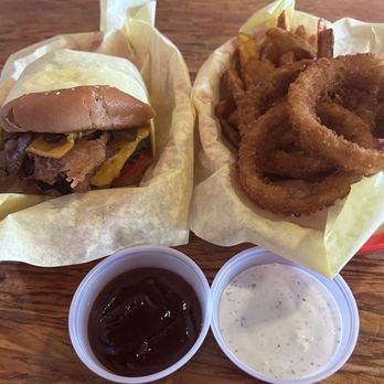 Hodad’s - Single Bacon Cheeseburger with Onion Rings and fries - Burgers Near Me - San Diego, California Hodad’s - Single Bacon Cheeseburger with Onion Rings and fries - Burgers Near Me - San Diego, California