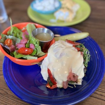 Corner Kitchen - Open faced mushroom sandwich on focaccia with a side salad, Eggs Benedict with potato salad - Breakfast & Brunch Near Me - Asheville, North Carolina