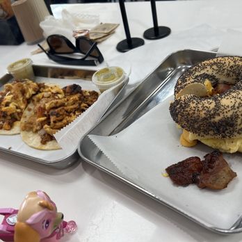 Brooklyn Cafe - Chorizo tacos and poppy bagel sandwich with egg bacon and cheese. - Bagels Near Me - The Woodlands, Texas Brooklyn Cafe - Chorizo tacos and poppy bagel sandwich with egg bacon and cheese. - Bagels Near Me - The Woodlands, Texas