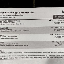 Dream Dinners - Redlands - They gave me this paper which lists the meals I ordered. It lists the time to table.