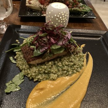 Josie’s Table - Spiced encrusted salmon w/ barley green risotto and carrot ginger purée. - New American Near Me - Albany, New York Josie’s Table - Spiced encrusted salmon w/ barley green risotto and carrot ginger purée. - New American Near Me - Albany, New York