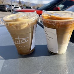 Plata Coffee - Caramel iced latte and a lavender latte