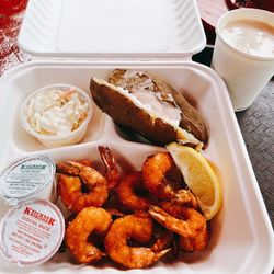The Lobster House - Fried shrimp platter w/ cole slaw and baked potato. Cup of NE clam chowder on the side.