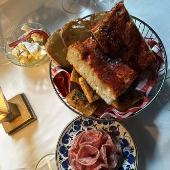 Carbone Dallas - bread, salami, pickled cauliflower (all complimentary) - Italian Near Me - Dallas, Texas Carbone Dallas - bread, salami, pickled cauliflower (all complimentary) - Italian Near Me - Dallas, Texas