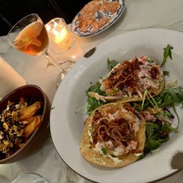 carrots + smoked trout tostada + horchata + night bird drink