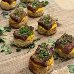 Culinary Range - Crispy Pork Belly, Sweet Potato Jam and Sherry Maple Glaze on a Sourdough Crostini
