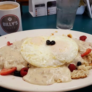 Billy's Cafe - Wild berry biscuits and gravy on hash brows under over easy eggs. Awesome. - Breakfast & Brunch Near Me - Burlington, Washington Billy's Cafe - Wild berry biscuits and gravy on hash brows under over easy eggs. Awesome. - Breakfast & Brunch Near Me - Burlington, Washington