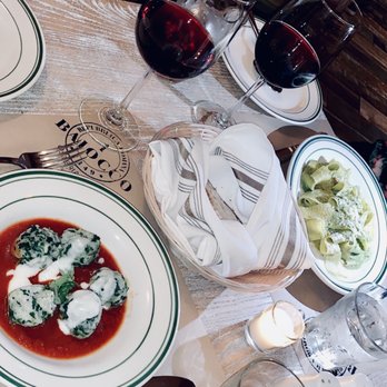 Baiocco - Table Spread with GNUDI DI SPINACI E RICOTTA & PAPPARDELLE AL PESTO CON PISTACCHI - Italian Near Me - Miami, Florida