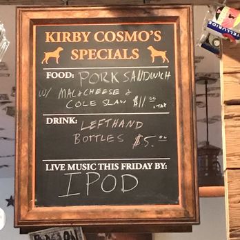 Kirby Cosmo's BBQ Bar - Love their live music is an iPod. - Barbeque Near Me - Minturn, Colorado Kirby Cosmo's BBQ Bar - Love their live music is an iPod. - Barbeque Near Me - Minturn, Colorado