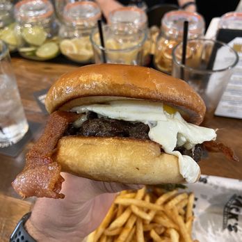 Jack's Bar & Grill - Rib eye burger.Perfectly cooked fried egg. Burger was overcooked but still pretty good. - Cocktail Bars Near Me - Paso Robles, California