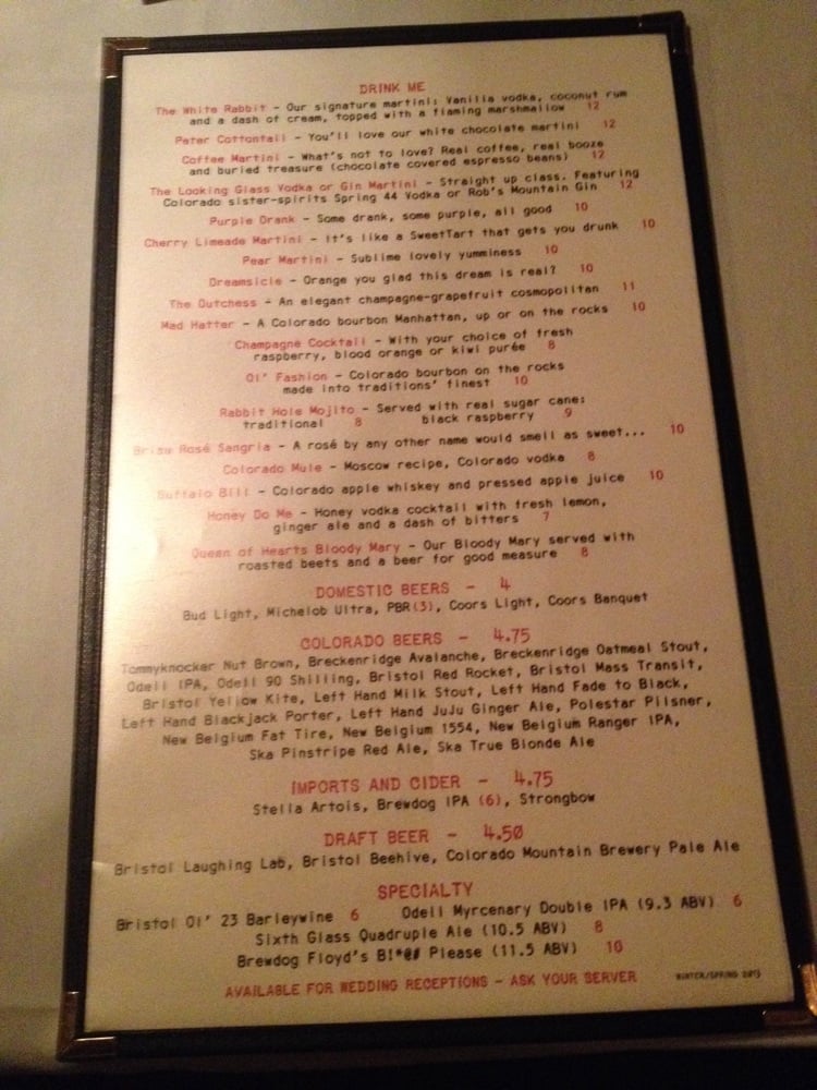 Drink Me drink menu. Lots of interesting drinks to choose from.