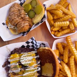 Chicken sandwich (no spice) and smash burger with fries.