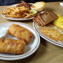 Barre Country Diner - Crispy battered cod, bacon cheeseburger and fries, Western omelet and hash browns.
